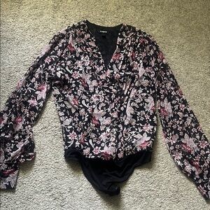 Express Black and Pink Floral Bodysuit